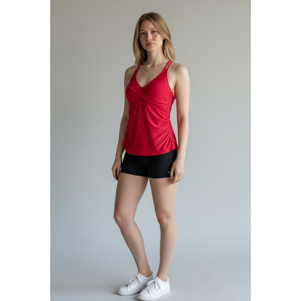 Red Tankini Swim Top Womens Large Ruched Twist Front Crossback